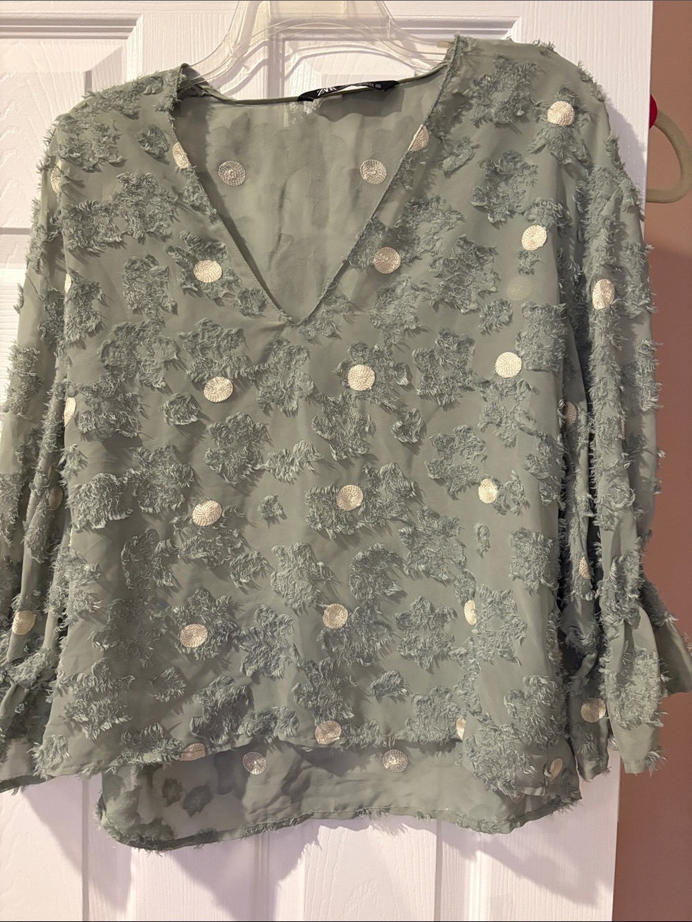 Zara Sage Green V-Neck Textured Dot Blouse